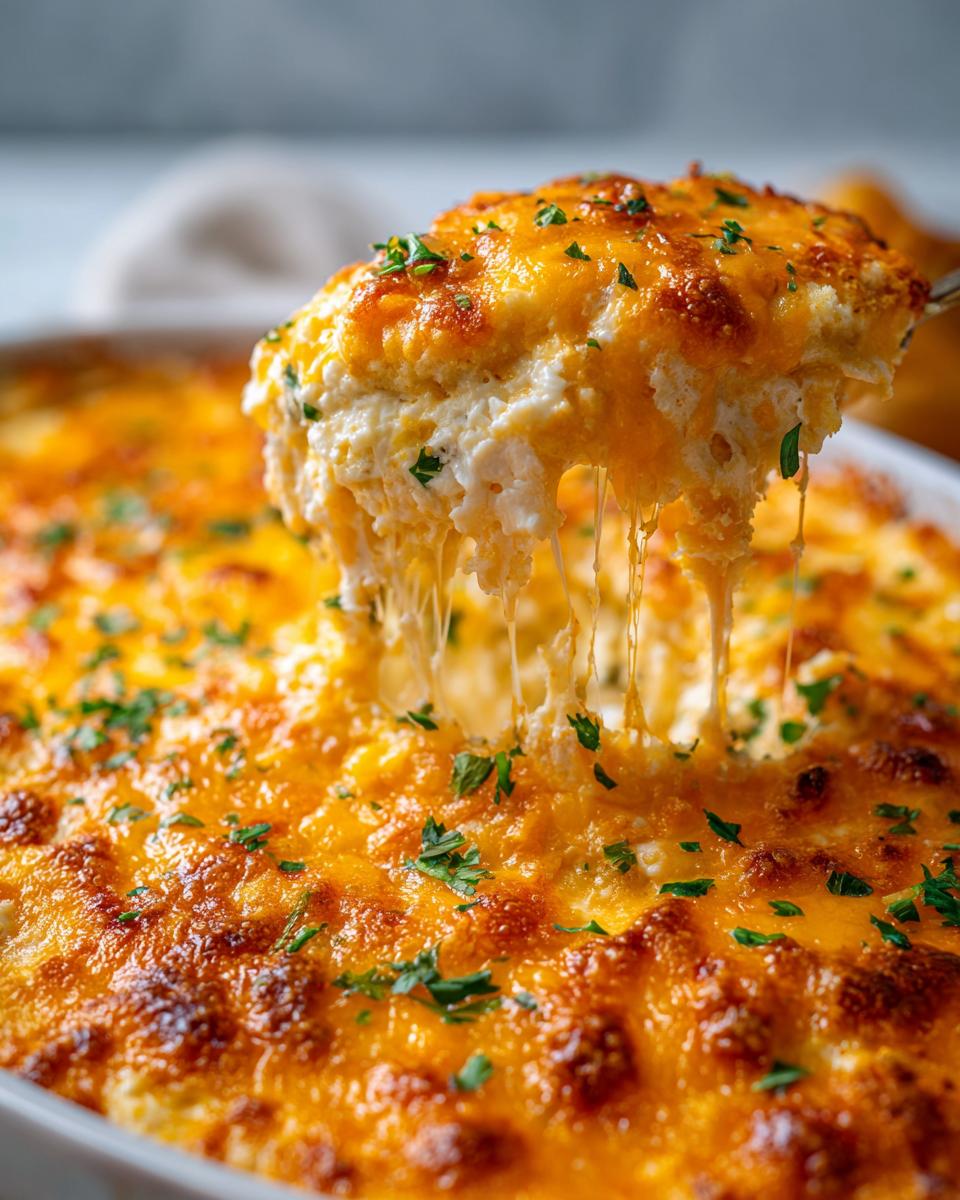 A spoonful of cheesy Fried Pickle Dip being lifted, showing melted cheese and creamy texture.