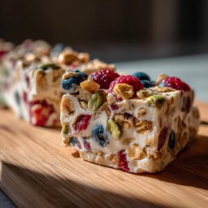 Close-up of Frozen Yogurt Bark pieces topped with blueberries, raspberries, pistachios, and granola.