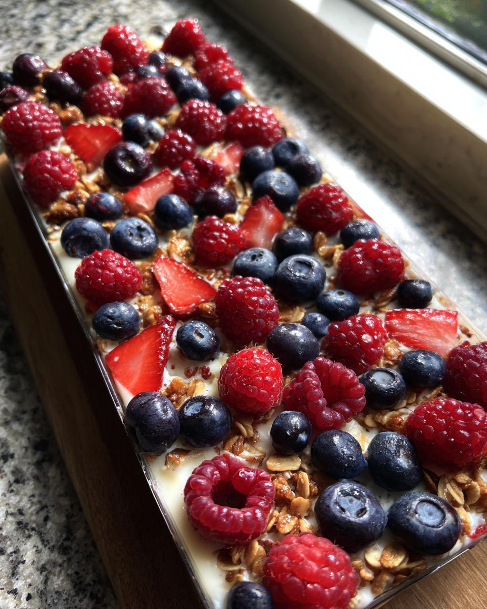 Overhead view of homemade Frozen Yogurt Bark with raspberries, blueberries, strawberries, and granola.