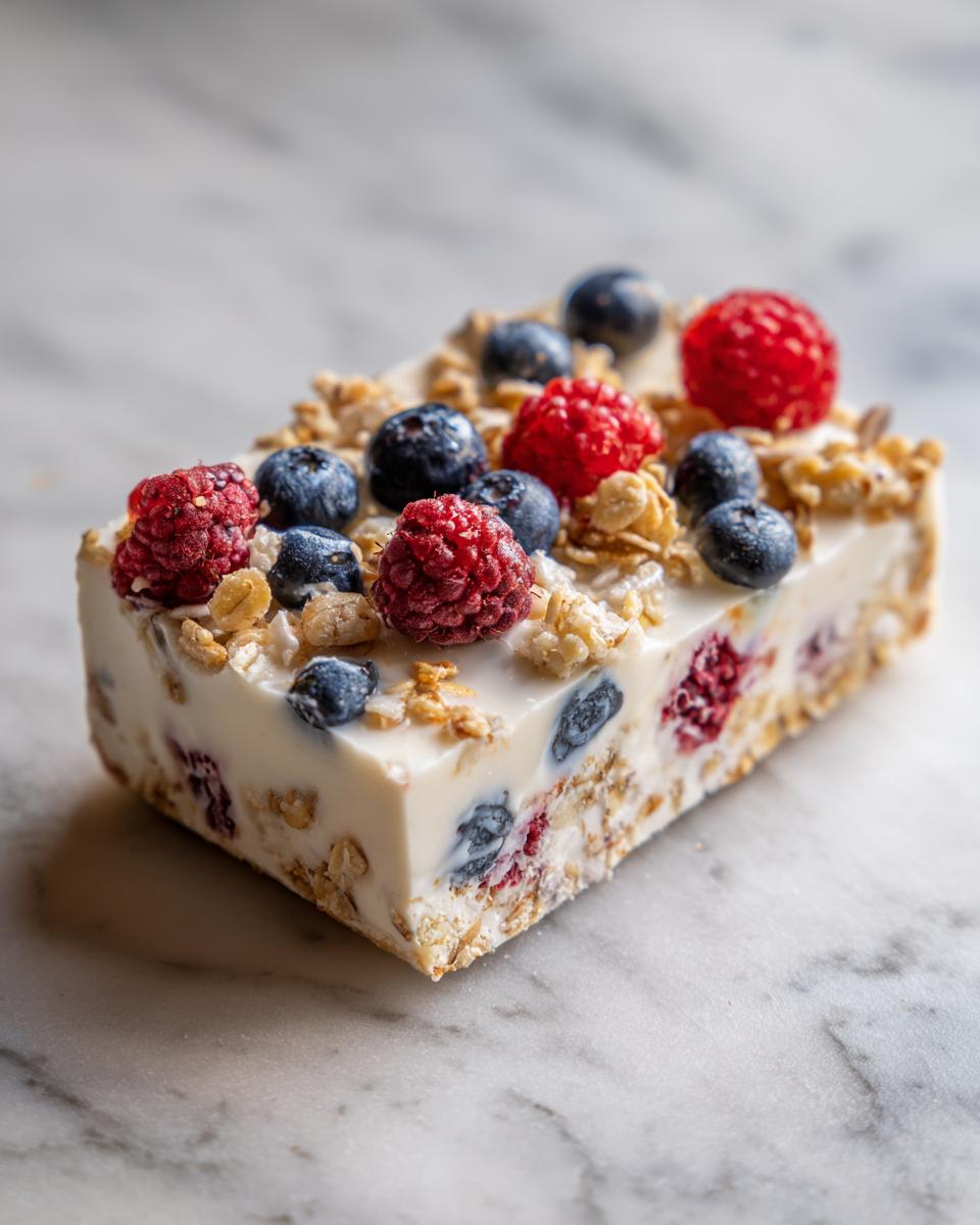 A piece of Frozen Yogurt Bark topped with fresh raspberries, blueberries, and granola.
