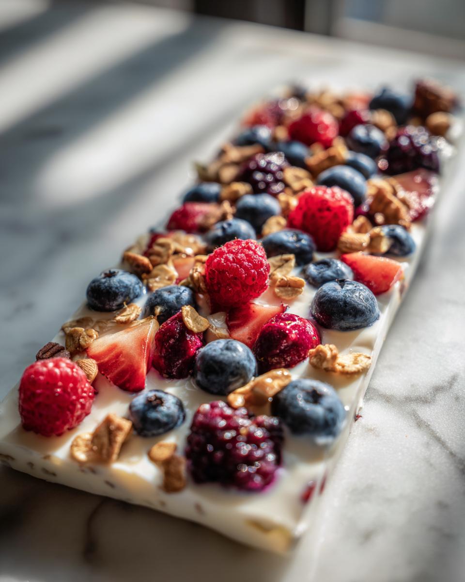 Close-up of a slab of Frozen Yogurt Bark topped with fresh blueberries, raspberries, strawberries, blackberries, and granola.