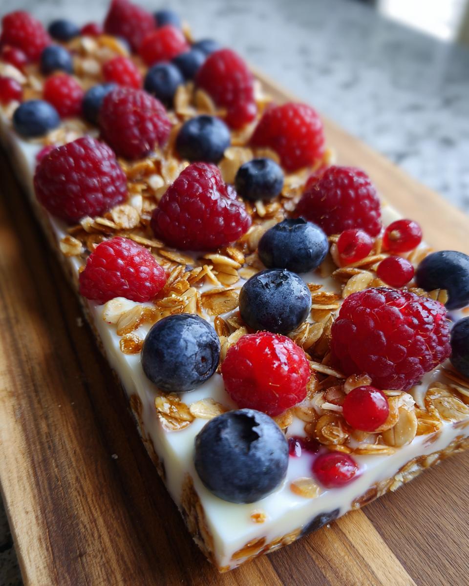 A delicious slab of Frozen Yogurt Bark topped with fresh raspberries, blueberries, and granola on a wooden board.