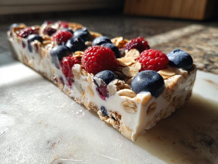 A close-up of Frozen Yogurt Bark with blueberries, raspberries, and oats on a white surface.