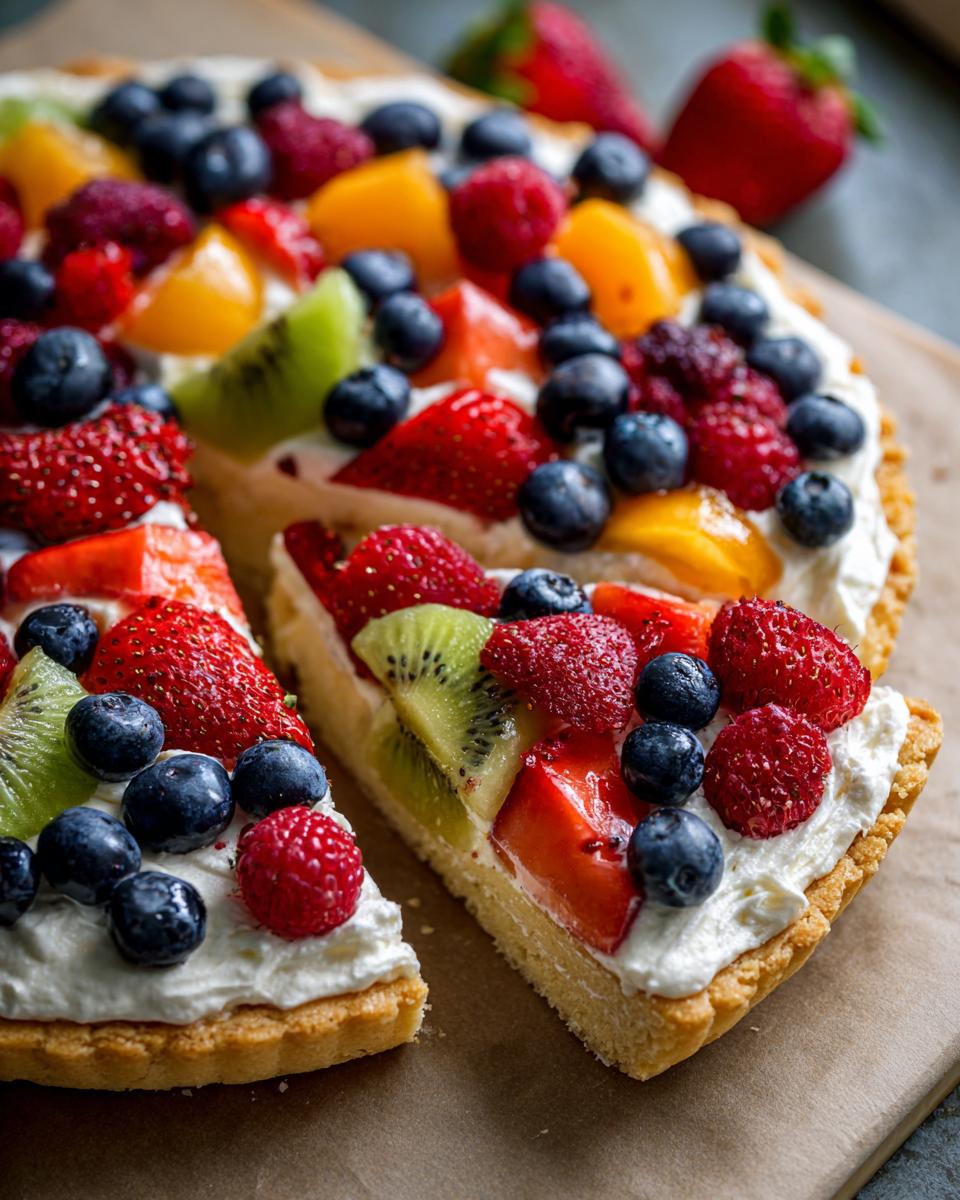 A vibrant fruit pizza sugar cookie with strawberries, blueberries, kiwi, and whipped cream topping.