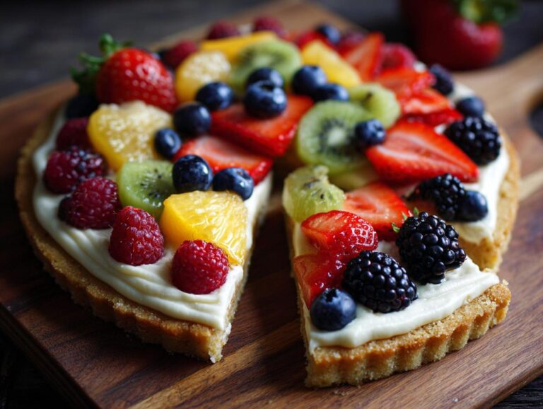 A vibrant fruit pizza sugar cookie with strawberries, blueberries, kiwi, and a creamy frosting.