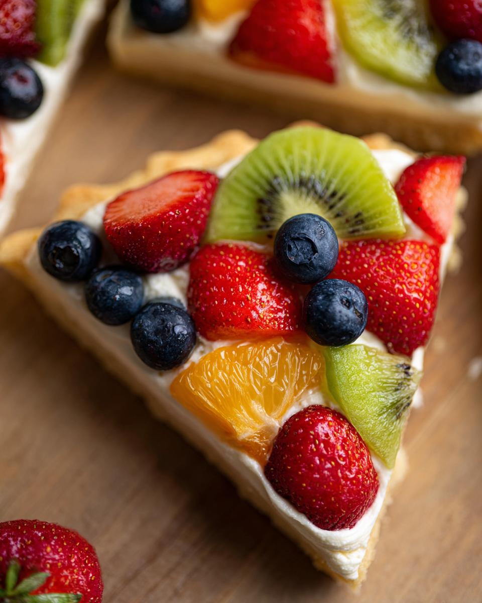 A slice of fruit pizza sugar cookie topped with strawberries, kiwi, blueberries, and oranges.