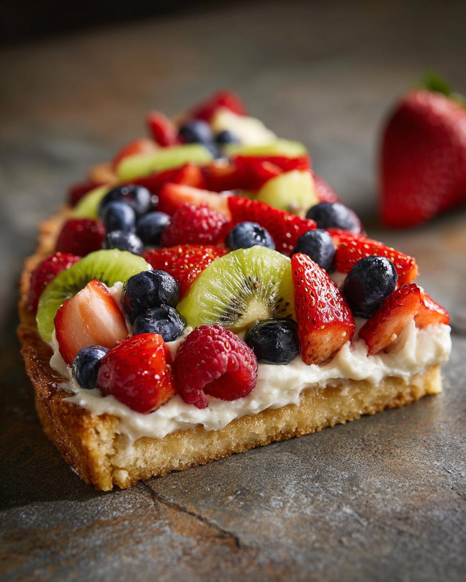 A colorful slice of fruit pizza sugar cookie with strawberries, kiwi, blueberries, and raspberries.