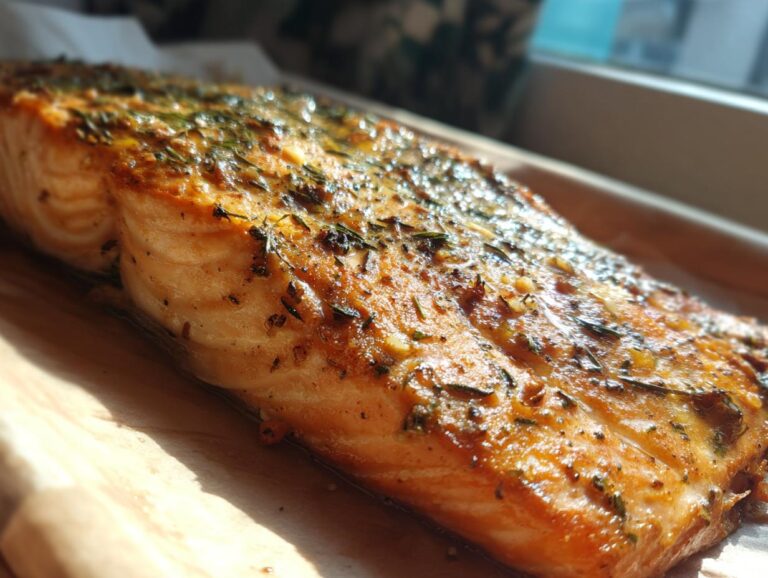 A close-up of Garlic Butter Baked Salmon, showcasing the golden-brown crust and herb garnish.