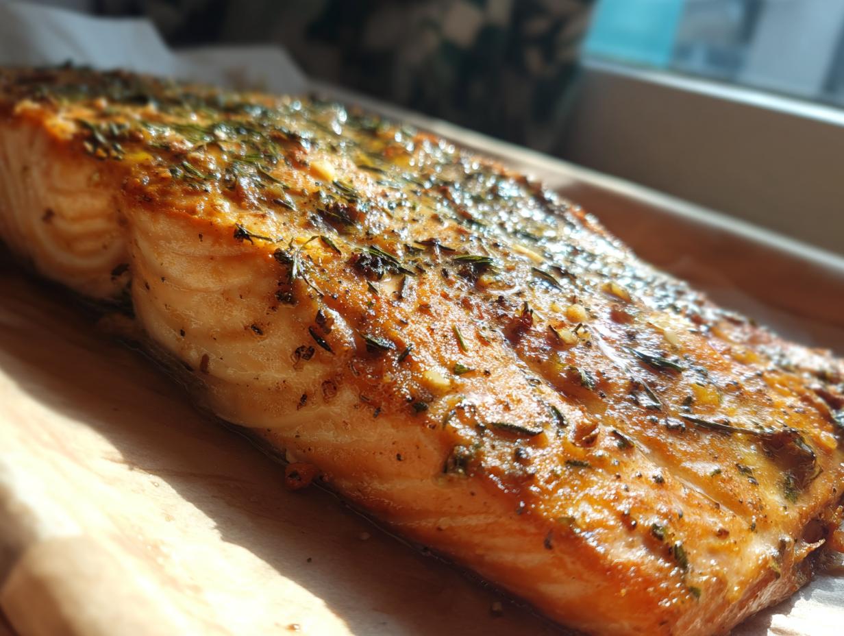 A close-up of Garlic Butter Baked Salmon, showcasing the golden-brown crust and herb garnish.