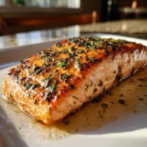 Close-up of a Garlic Butter Baked Salmon fillet, garnished with herbs and glistening with sauce.