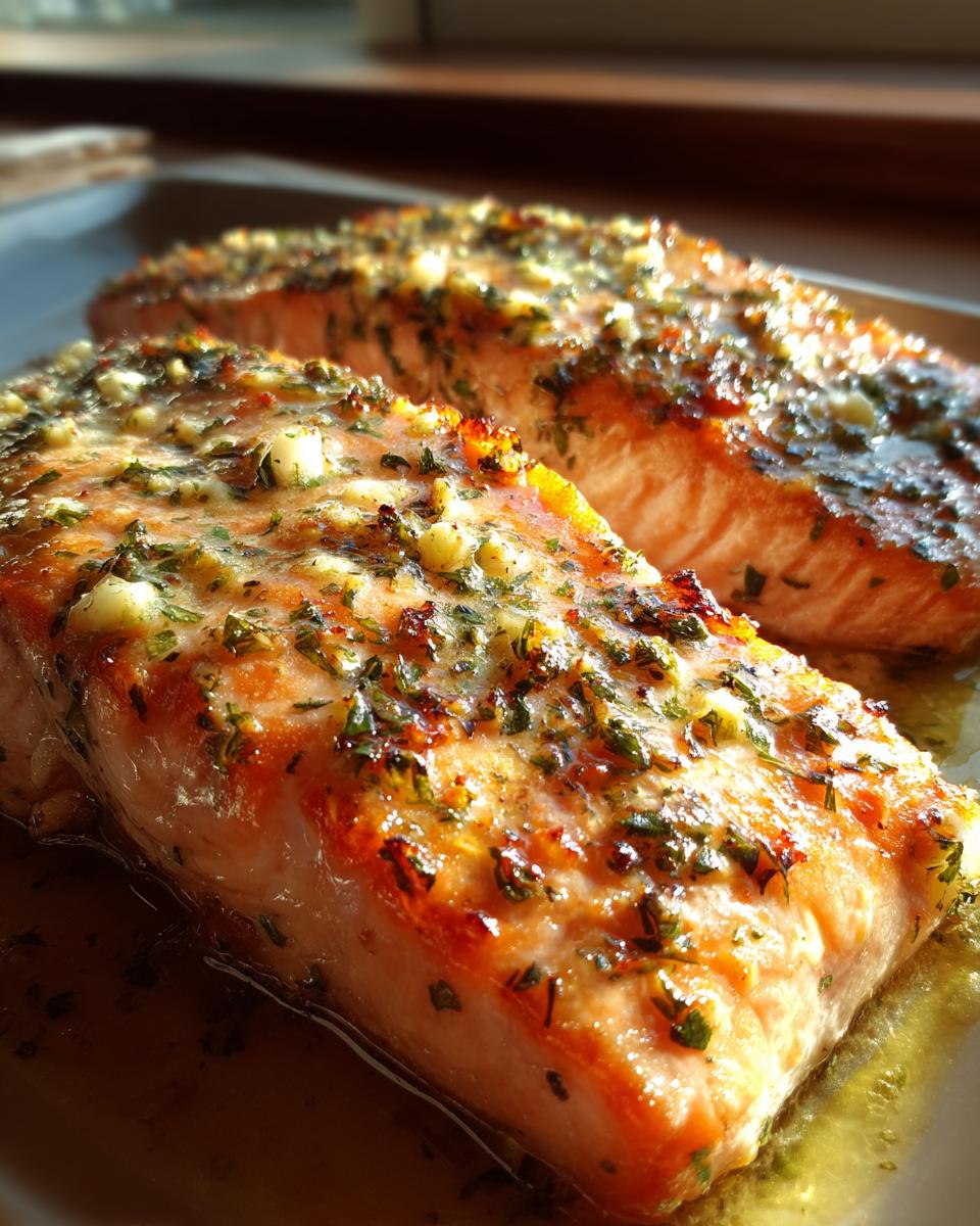 Two fillets of Garlic Butter Baked Salmon, glistening with garlic, butter, and herbs.
