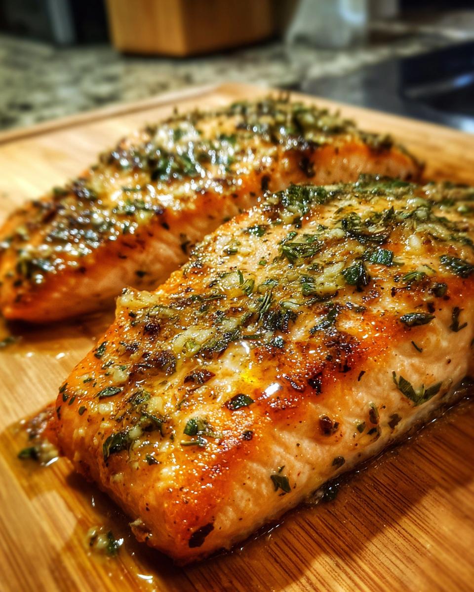 Two fillets of Garlic Butter Baked Salmon on a wooden board, glistening with garlic butter and herbs.