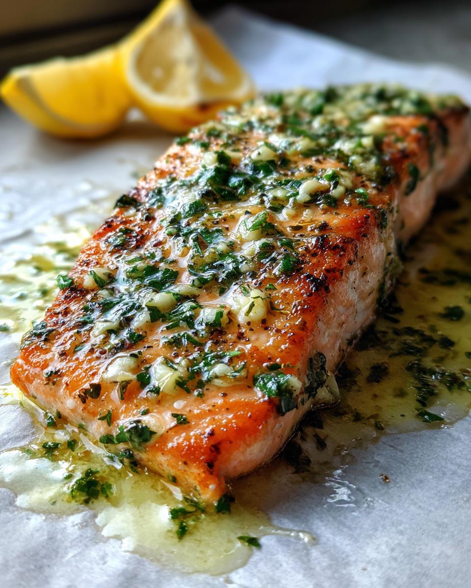Close-up of Garlic Butter Baked Salmon fillet with lemon wedges, showcasing the garlic herb topping.