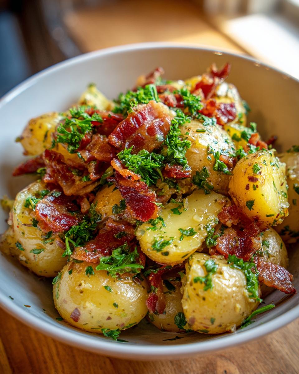 A bowl of German Potato Salad with bacon and parsley, ready to eat.