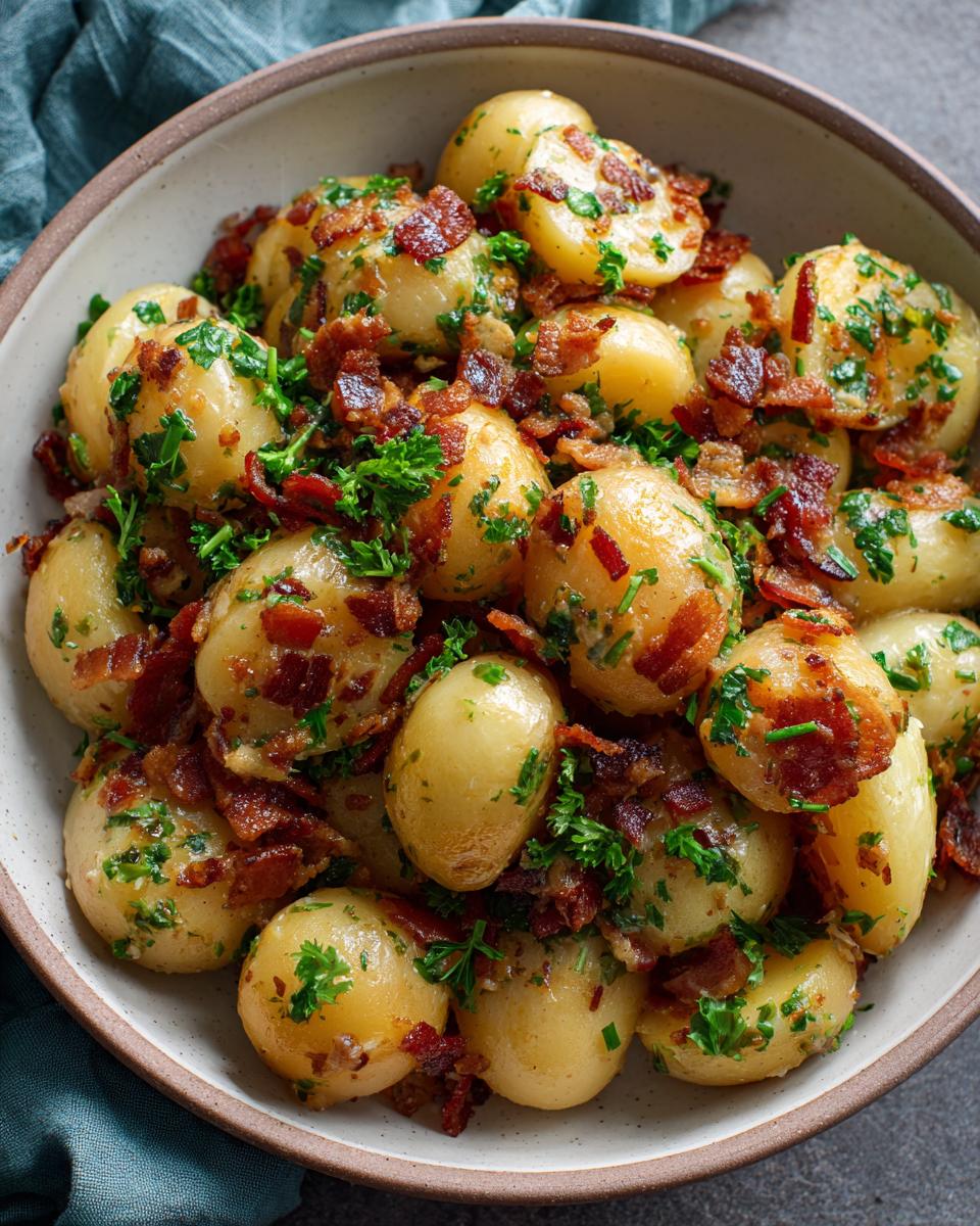 Bowl of German Potato Salad with small potatoes, bacon pieces, and fresh parsley.