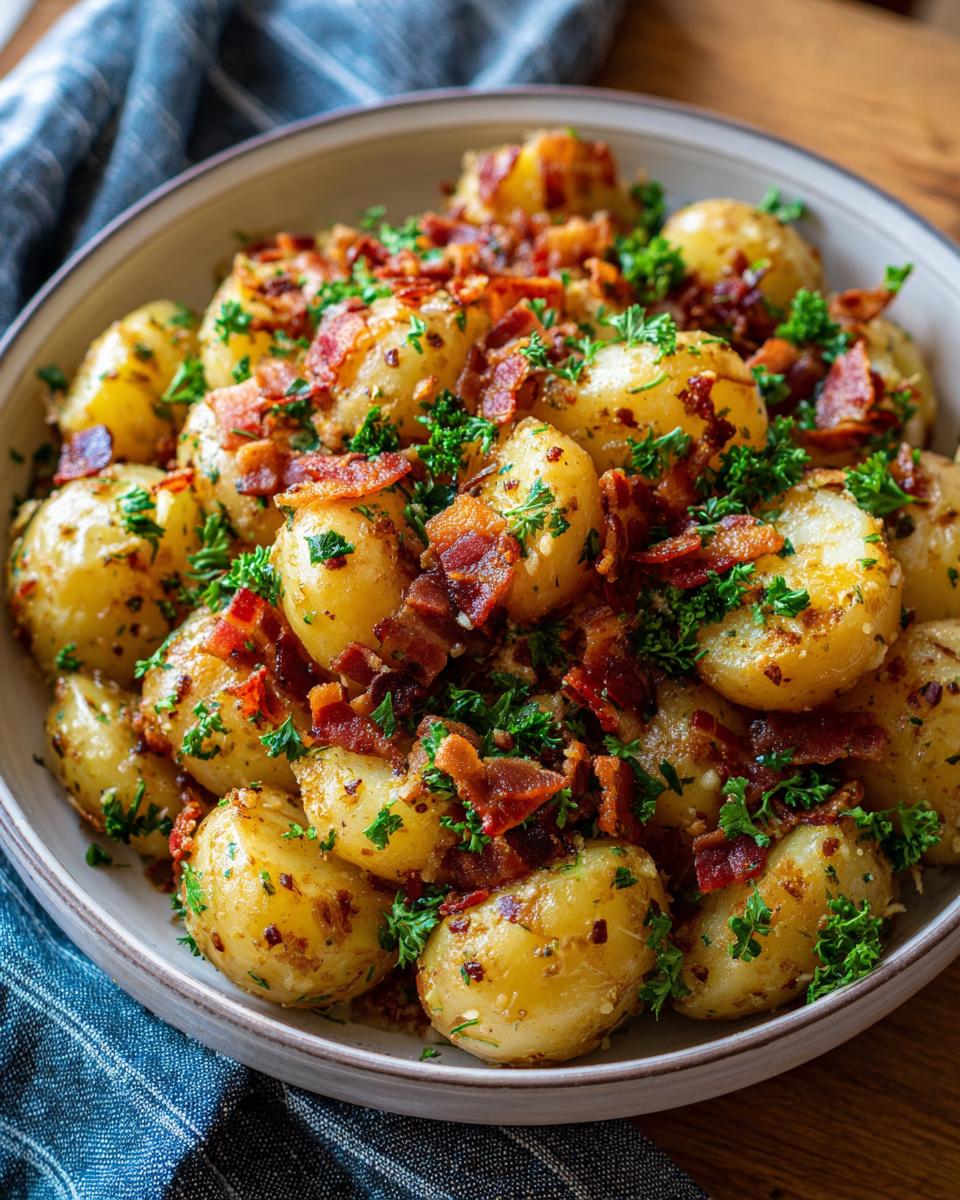 Bowl of German Potato Salad with bacon and parsley, ready to serve.