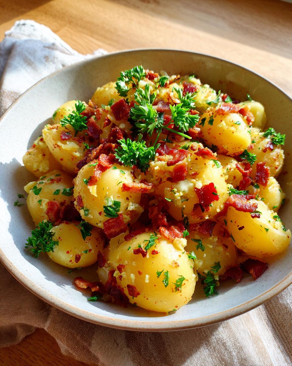 A bowl of German Potato Salad topped with bacon and parsley, ready to serve.