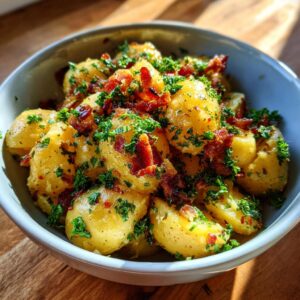 Bowl of German Potato Salad with bacon bits and fresh parsley, ready to serve.