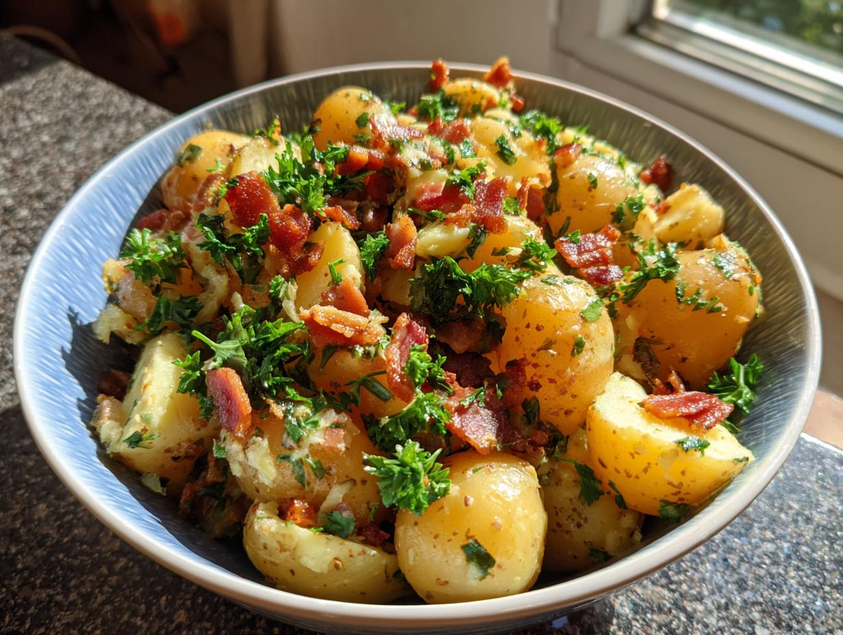 A bowl of German Potato Salad featuring potatoes, bacon, and parsley.