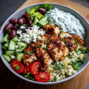 Overhead shot of a Greek Chicken Meal Prep Bowl with chicken, couscous, feta, olives, and tzatziki sauce.