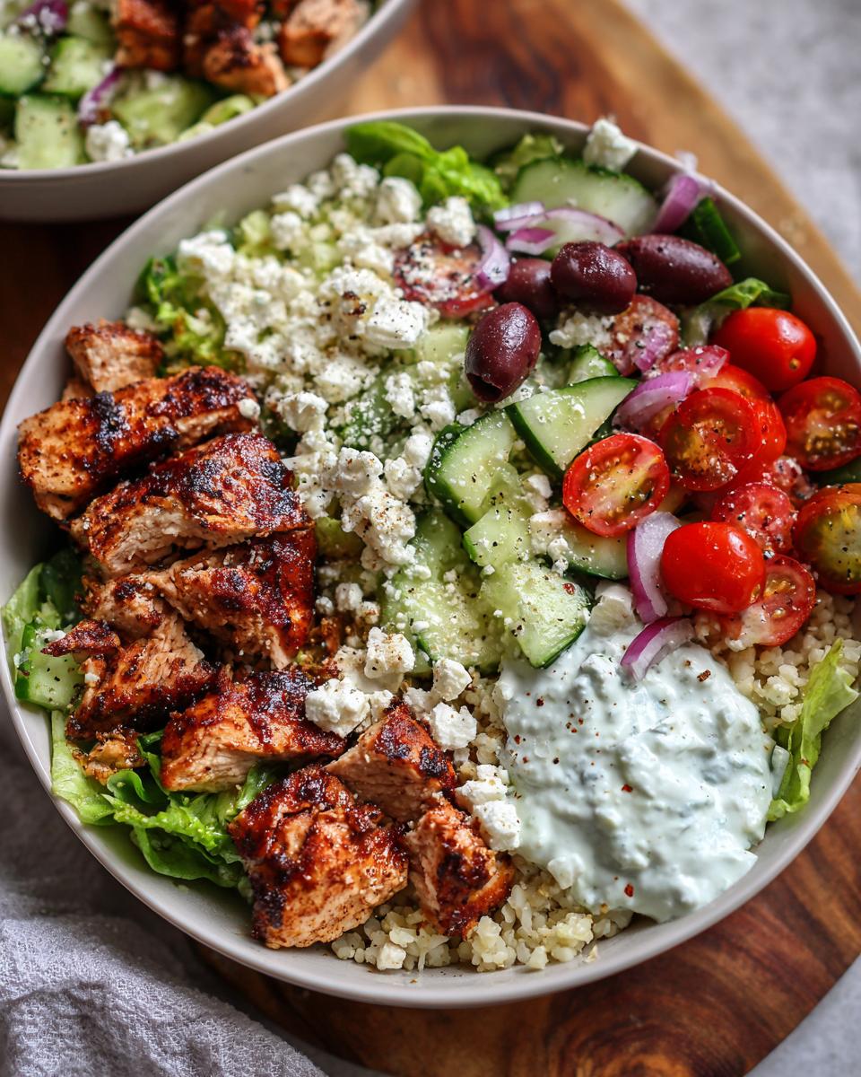 Overhead view of a Greek Chicken Meal Prep Bowl featuring grilled chicken, feta, tomatoes, and tzatziki sauce.