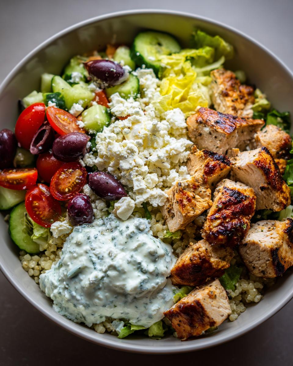 Overhead shot of a Greek Chicken Meal Prep Bowl with chicken, feta, tzatziki, olives, and fresh vegetables.