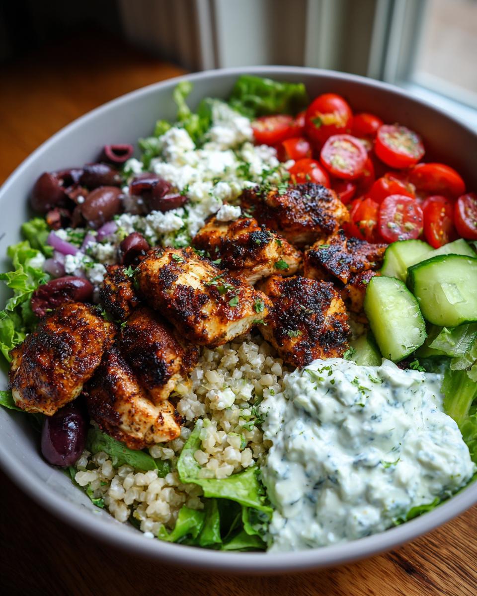 Overhead shot of a Greek Chicken Meal Prep Bowl with chicken, quinoa, tzatziki, feta, olives, tomatoes, and cucumbers.