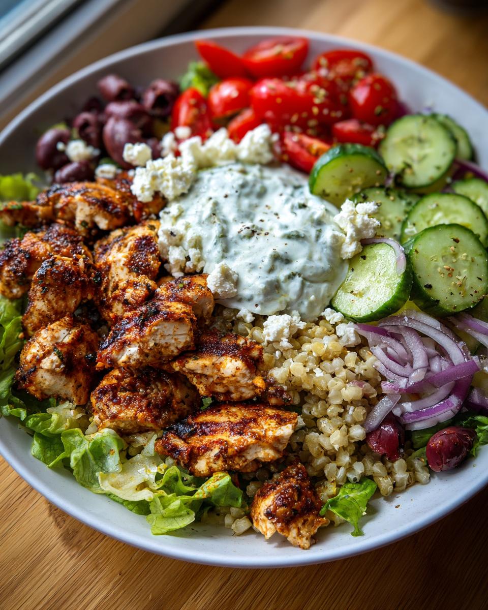 Overhead shot of a vibrant Greek Chicken Meal Prep Bowl with chicken, veggies, feta, and tzatziki.