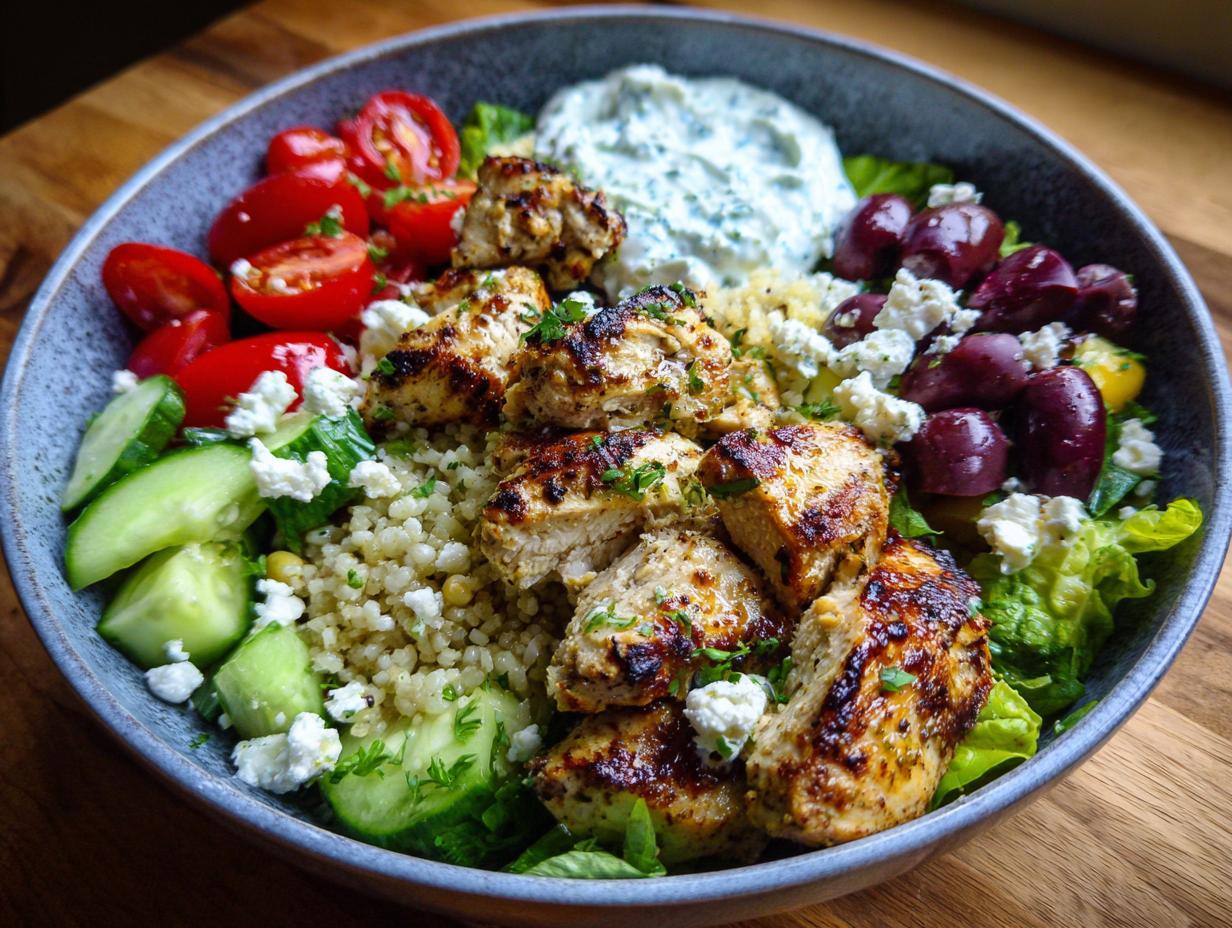 Overhead shot of a Greek Chicken Meal Prep Bowl with chicken, feta, olives, tomatoes, cucumbers, and tzatziki.