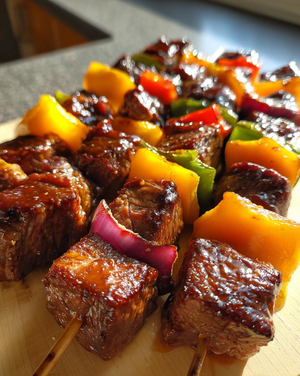 Close-up of Grilled Teriyaki Steak Skewers with colorful bell peppers and onions on a wooden board.