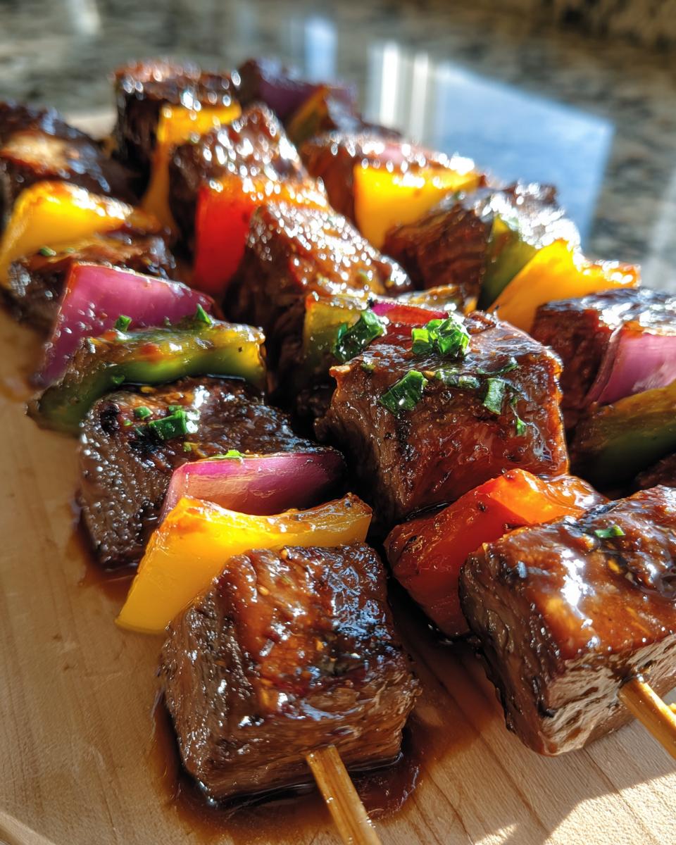 Close-up of Grilled Teriyaki Steak Skewers with colorful bell peppers and red onion on a wooden board.