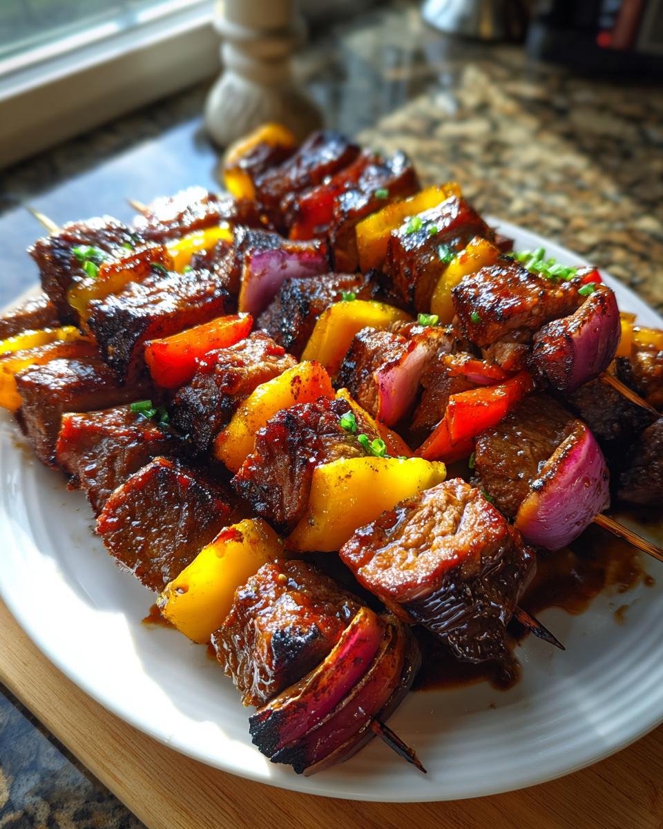 Close-up of Grilled Teriyaki Steak Skewers with steak, red onion, and yellow and red bell peppers on a white plate.