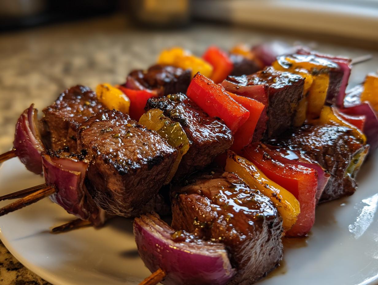 Close-up of Grilled Teriyaki Steak Skewers with red onion, yellow and red bell peppers, coated in teriyaki sauce.