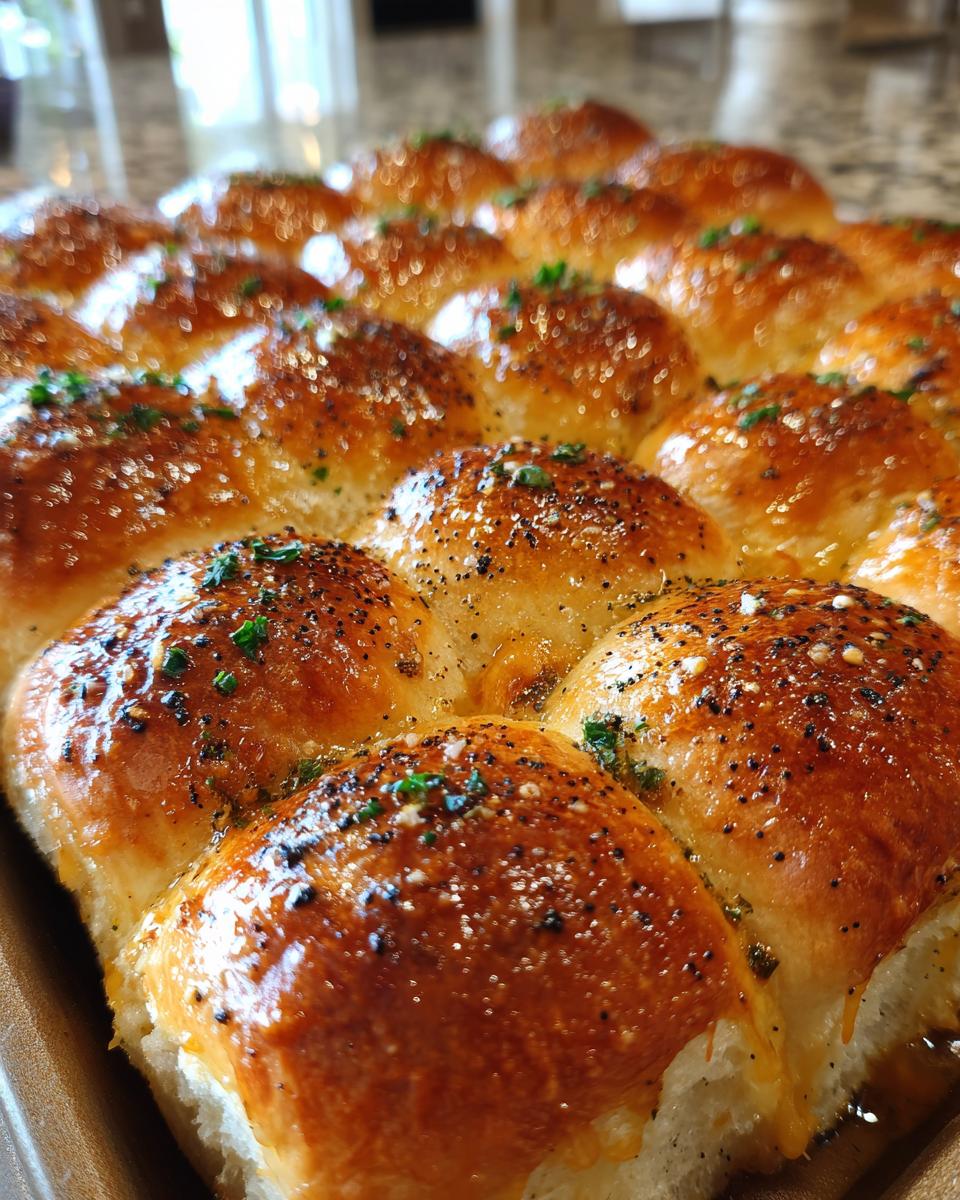 Close up of baked Ham and Cheese Hawaiian Roll Sliders, topped with herbs and spices.