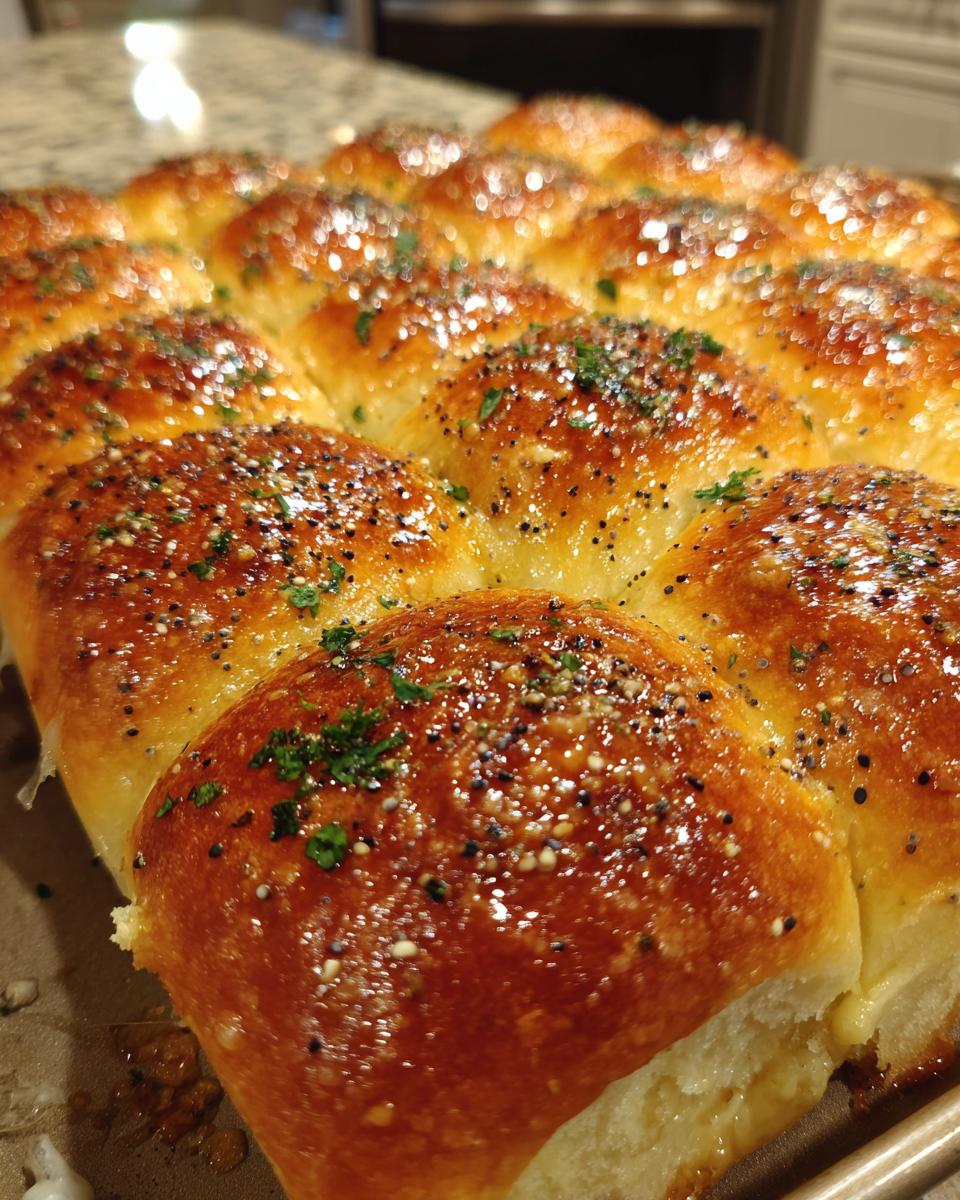 Close-up of baked Ham and Cheese Hawaiian Roll Sliders with a shiny glaze and herb topping.