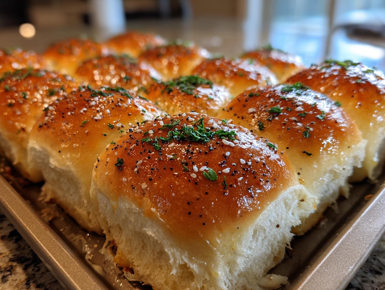 Close up of baked Ham and Cheese Hawaiian Roll Sliders, topped with herbs and poppy seeds.
