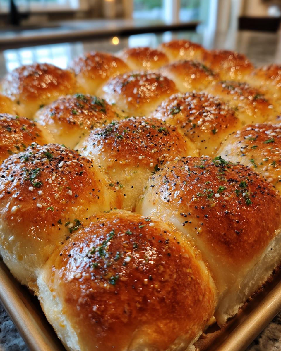 Close up of baked Ham and Cheese Hawaiian Roll Sliders topped with herbs and sesame seeds.