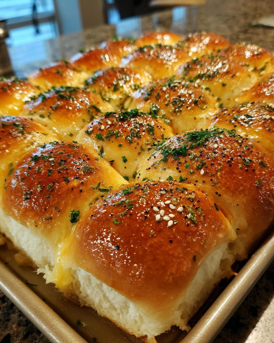 Close up of baked Ham and Cheese Hawaiian Roll Sliders, topped with herbs and seeds.