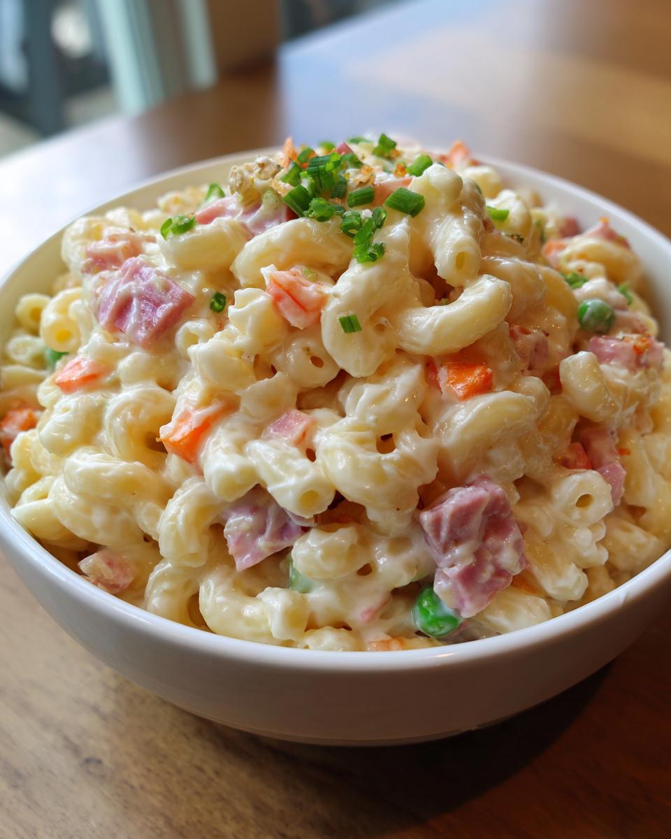 Close-up of Hawaiian Macaroni Salad in a white bowl, showing macaroni, ham, carrots, peas, and creamy dressing.