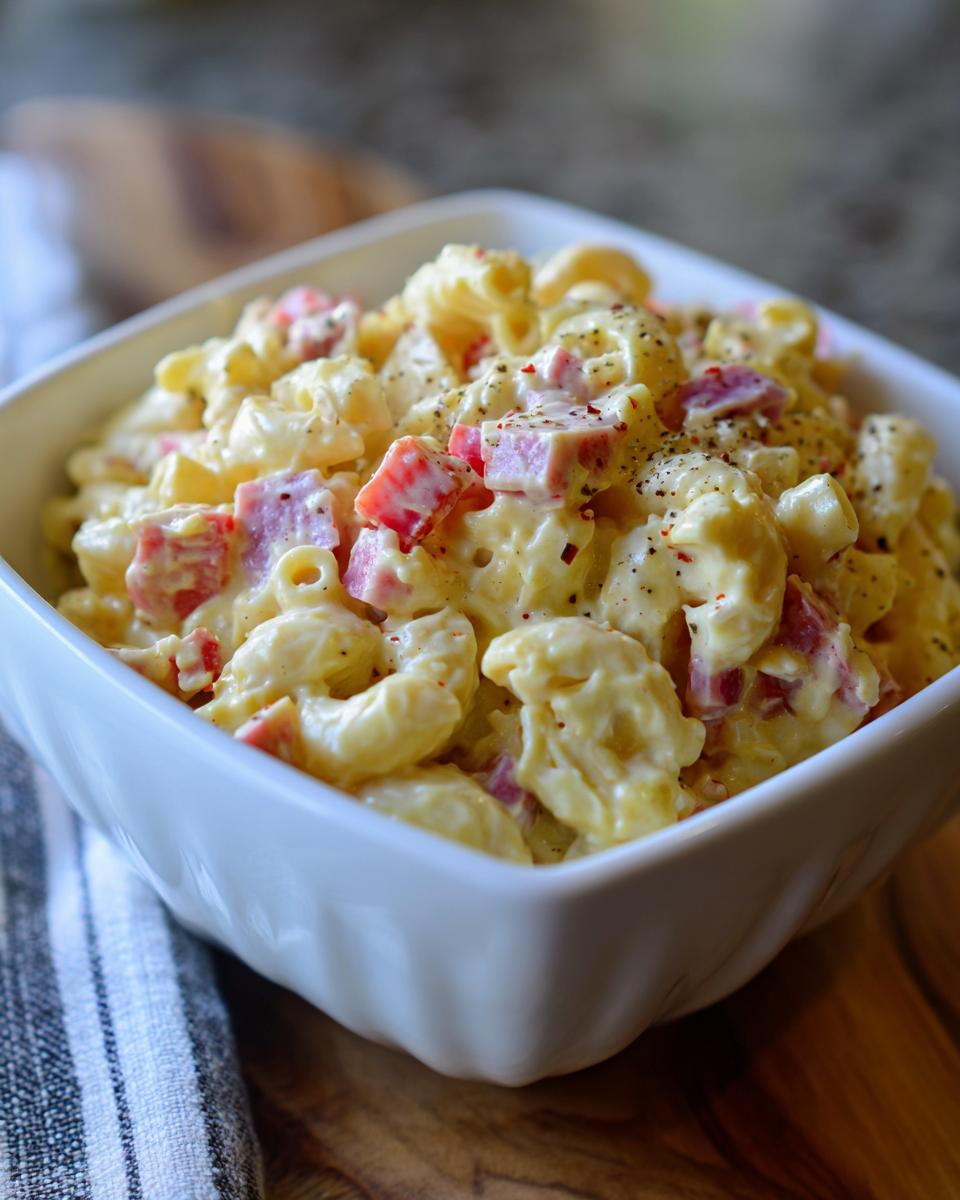 Close-up of Hawaiian Macaroni Salad in a white bowl, featuring elbow macaroni, ham, and a creamy dressing.