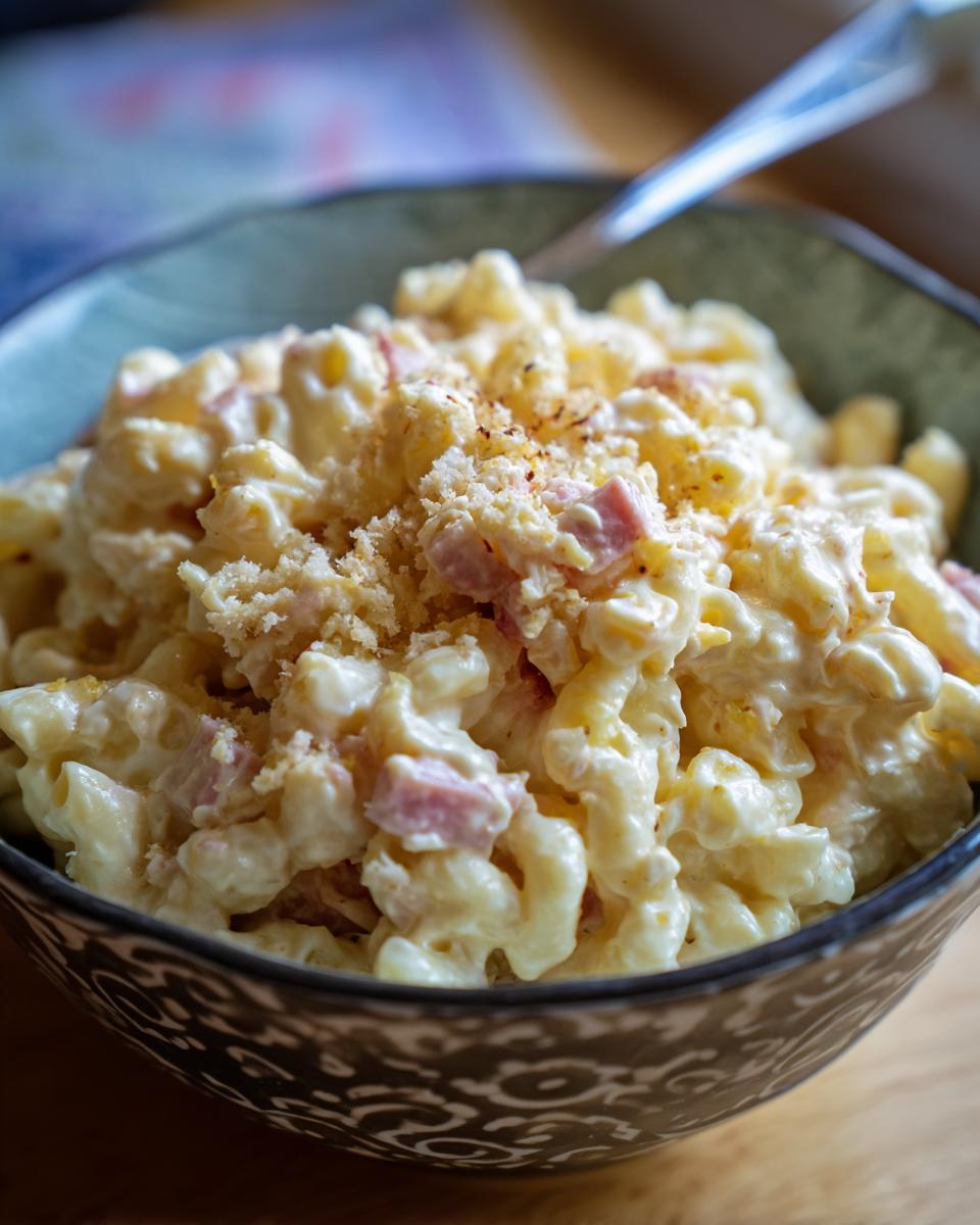 Close-up of Hawaiian Macaroni Salad in a bowl, featuring macaroni, creamy dressing, ham, and breadcrumb topping.