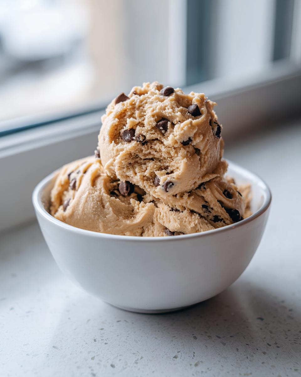 A white bowl filled with scoops of high protein cookie dough and chocolate chips.