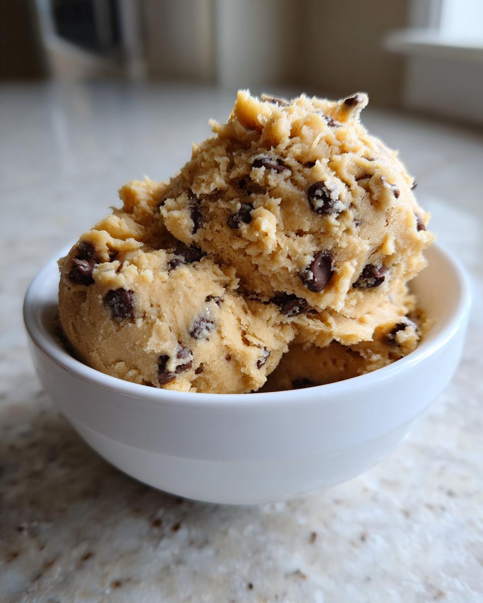 A white bowl filled with scoops of delicious high protein cookie dough with chocolate chips.