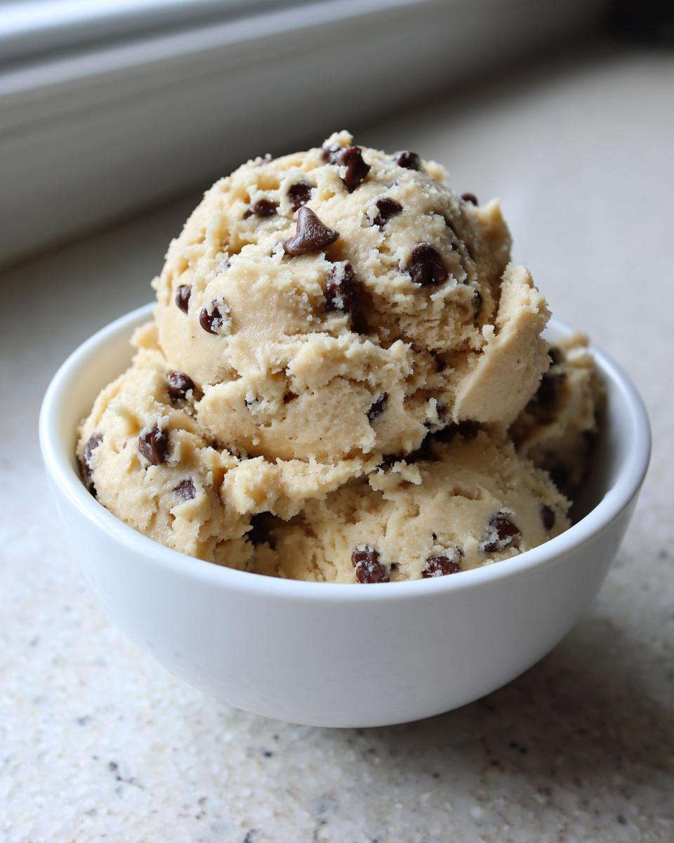 A white bowl filled with scoops of high protein cookie dough with chocolate chips.