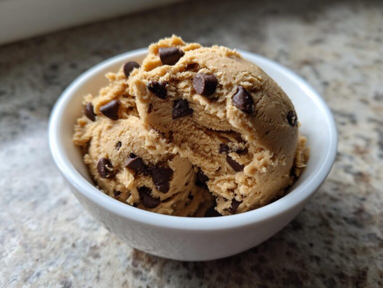 A white bowl filled with scoops of high protein cookie dough and chocolate chips.