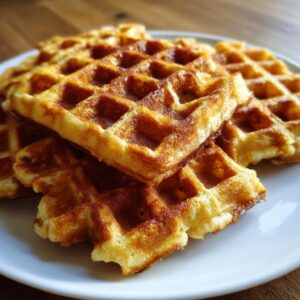 A stack of freshly made, golden brown high protein waffles on a white plate, ready to eat.