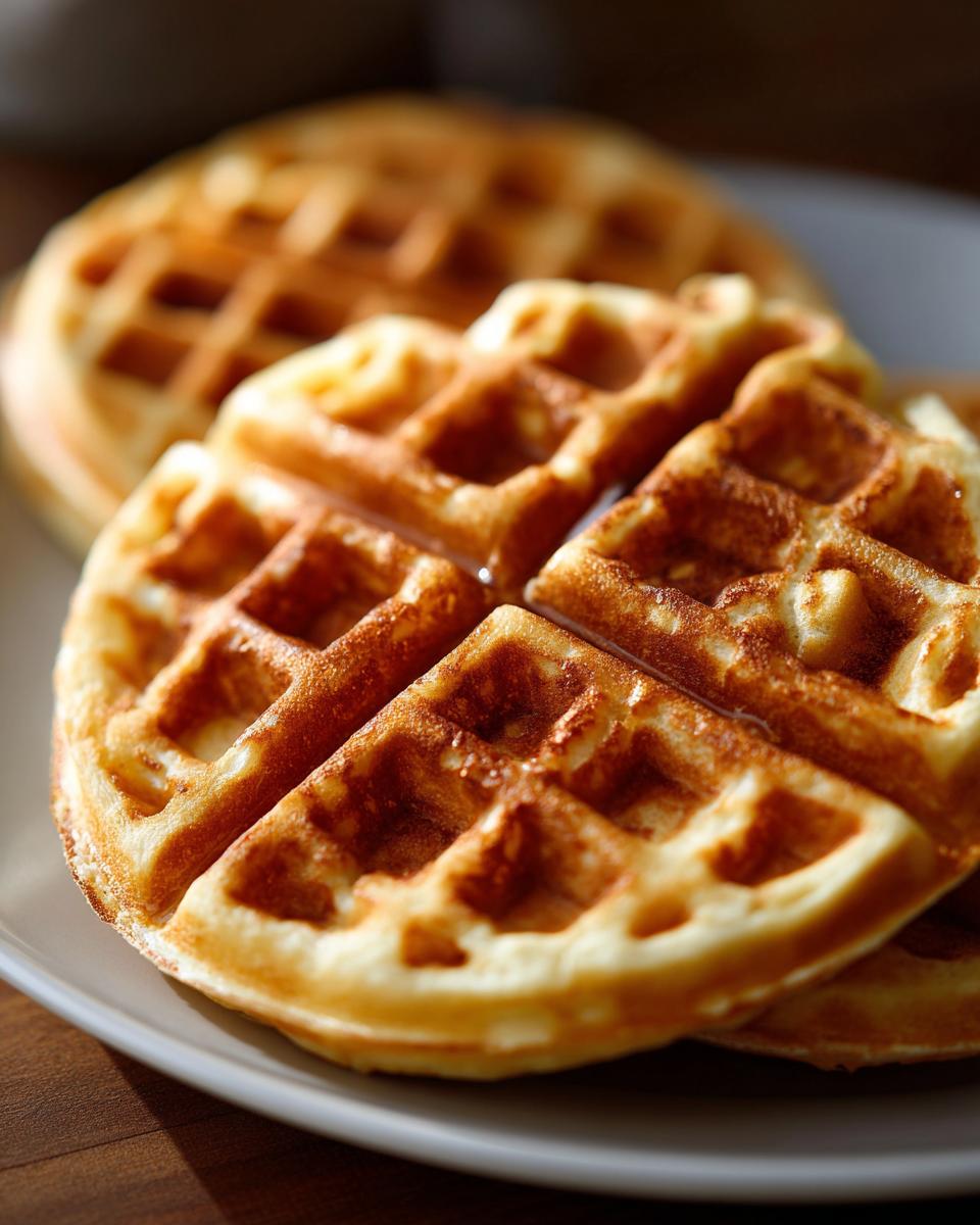 A stack of golden brown high protein waffles on a white plate, ready to fuel your day.