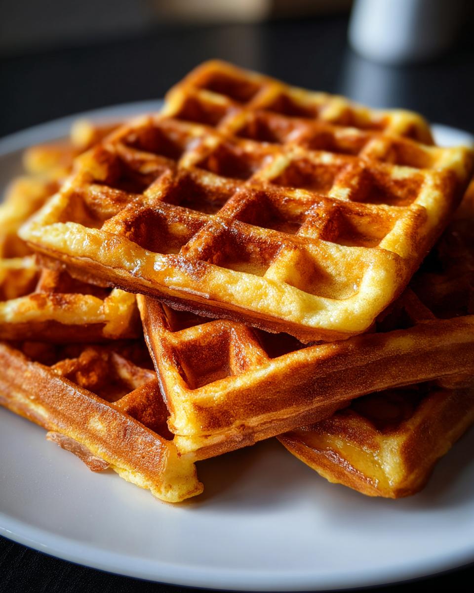 A stack of golden brown high protein waffles, freshly made and ready to eat.