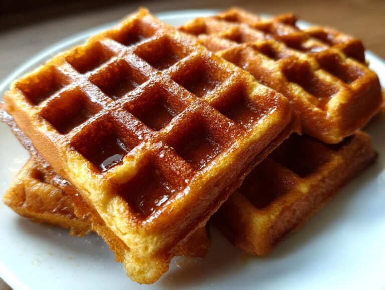 A stack of golden brown high protein waffles drizzled with syrup on a white plate.