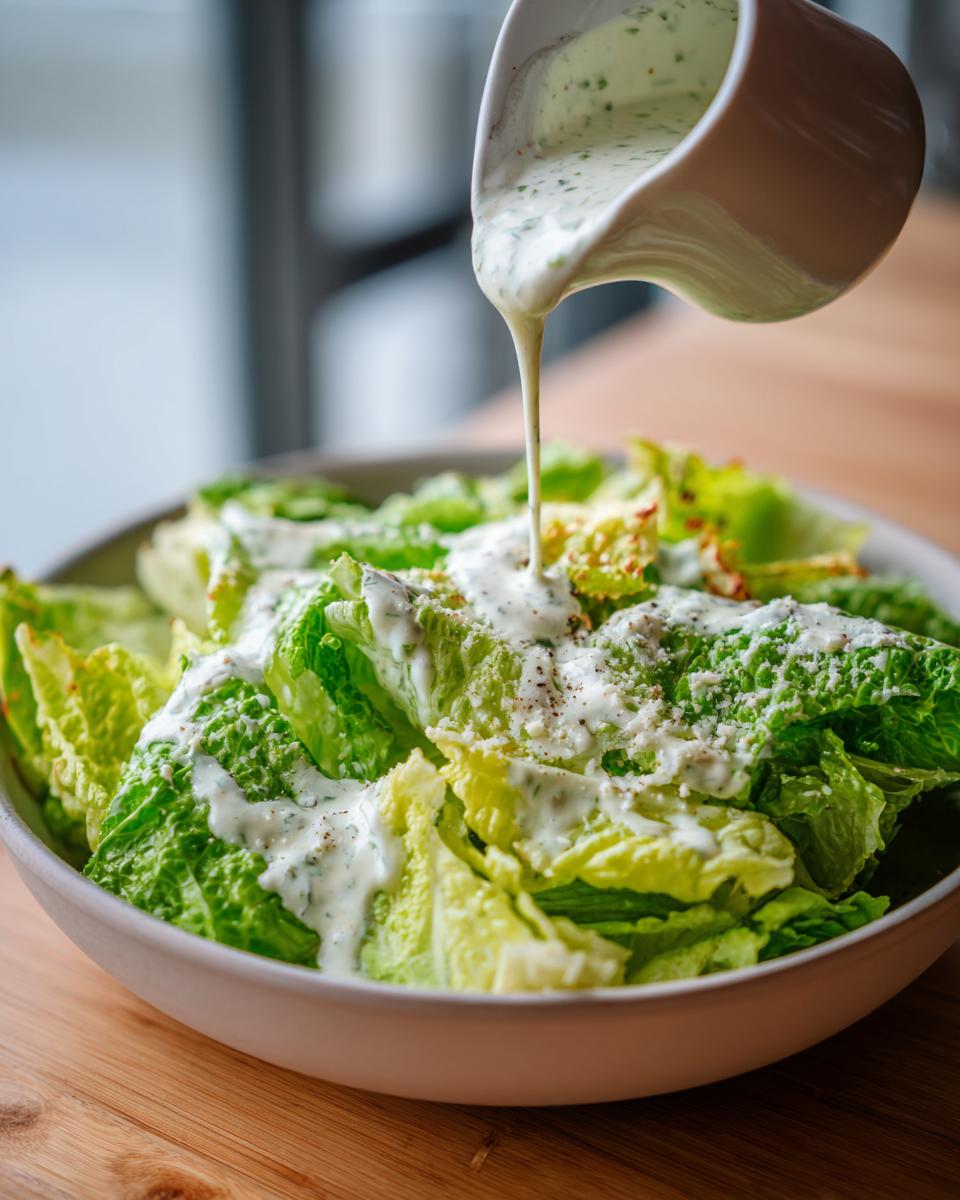 Homemade Caesar Dressing being poured from a white pitcher onto a fresh Caesar salad.